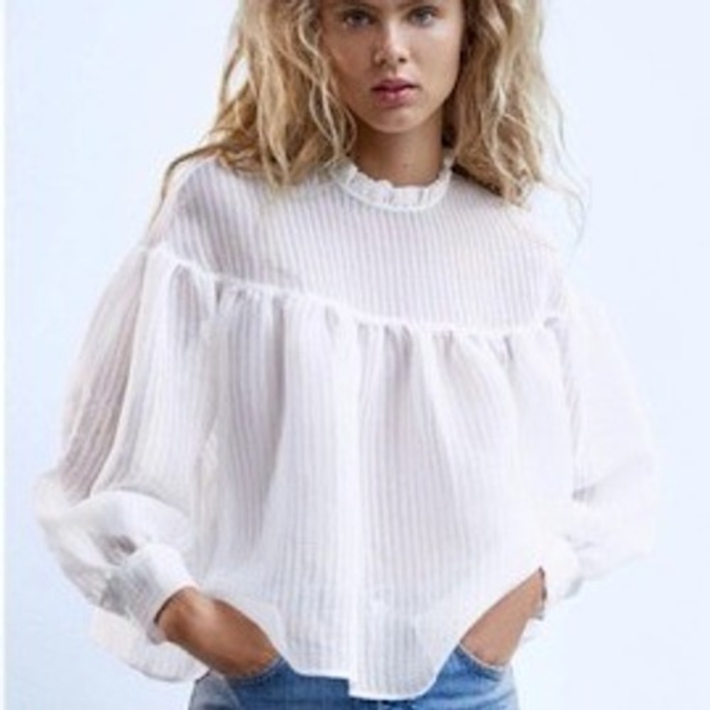 Zara White Organza Striped Ruffle Neck Puff Sleeve Blouse XS 3952/400
